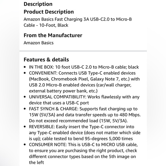 $5 🌸 Fast Charging 3A USB-C2.0 to Micro-B Cable - 10-Foot, Black, 1 Pack ~ NEW - Picture 7 of 9